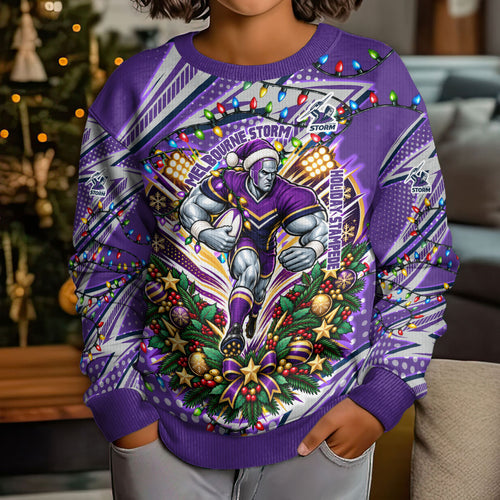 Personalized Melbourne Storm Rugby Christmas Kid Ugly Christmas Sweater Holiday Mascot Graphic Art Festive Lights Bow