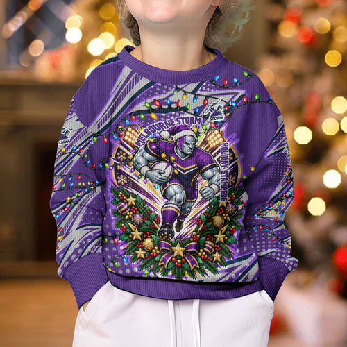 Personalized Melbourne Storm Rugby Christmas Kid Ugly Christmas Sweater Holiday Mascot Graphic Art Festive Lights Bow