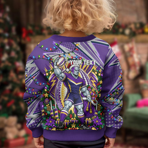 Personalized Melbourne Storm Rugby Christmas Kid Ugly Christmas Sweater Holiday Mascot Graphic Art Festive Lights Bow