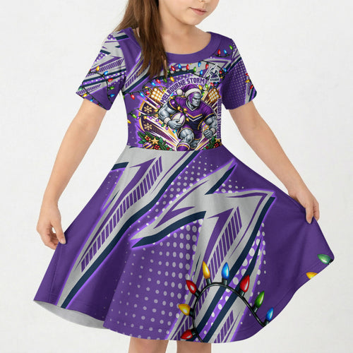 Personalized Melbourne Storm Rugby Christmas Kid Short Sleeve Dress Holiday Mascot Graphic Art Festive Lights Bow