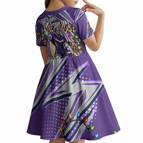 Personalized Melbourne Storm Rugby Christmas Kid Short Sleeve Dress Holiday Mascot Graphic Art Festive Lights Bow