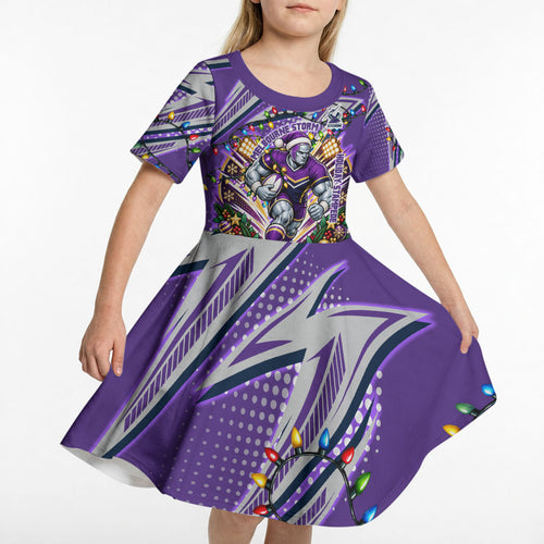 Personalized Melbourne Storm Rugby Christmas Kid Short Sleeve Dress Holiday Mascot Graphic Art Festive Lights Bow