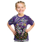 Personalized Melbourne Storm Rugby Christmas Kid T Shirt Holiday Mascot Graphic Art Festive Lights Bow