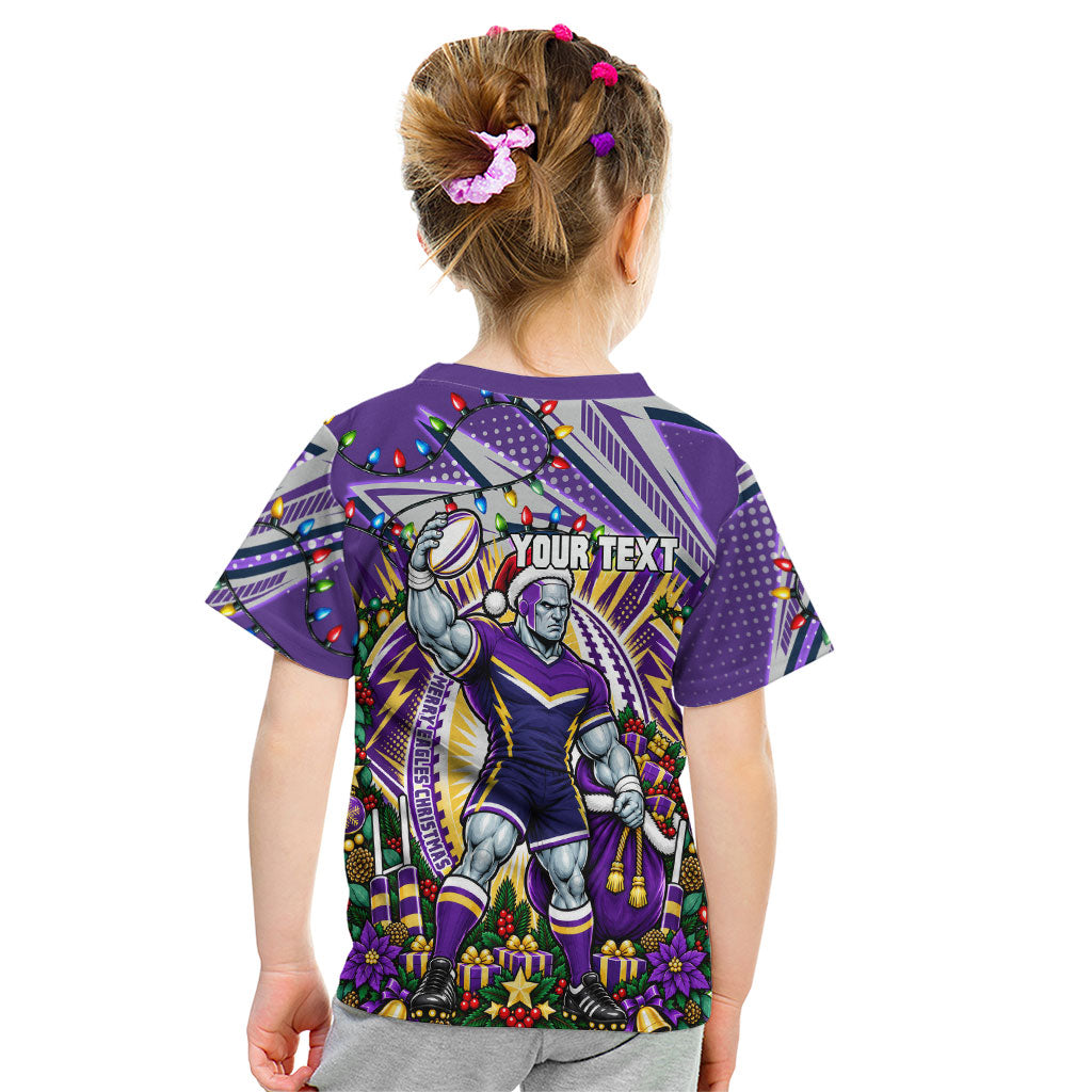 Personalized Melbourne Storm Rugby Christmas Kid T Shirt Holiday Mascot Graphic Art Festive Lights Bow