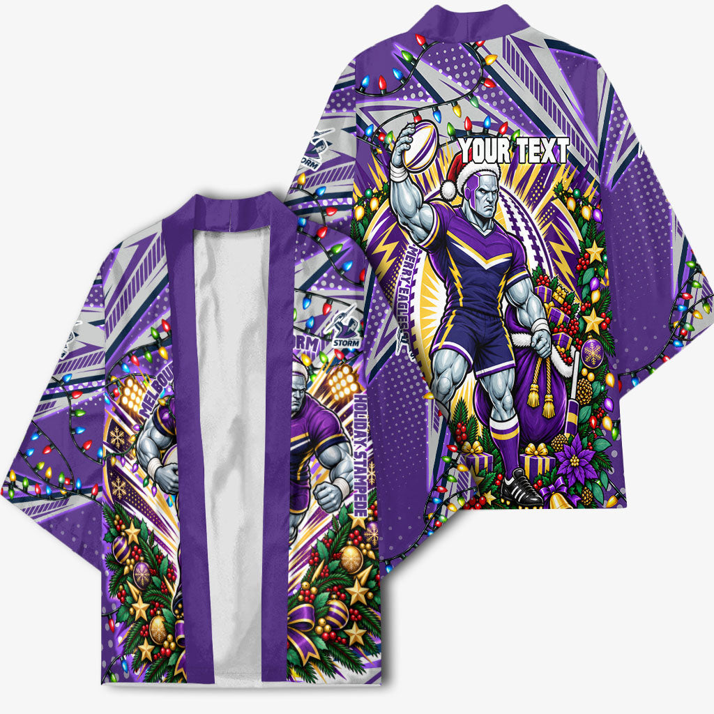 Personalized Melbourne Storm Rugby Christmas Kimono Holiday Mascot Graphic Art Festive Lights Bow