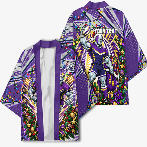 Personalized Melbourne Storm Rugby Christmas Kimono Holiday Mascot Graphic Art Festive Lights Bow