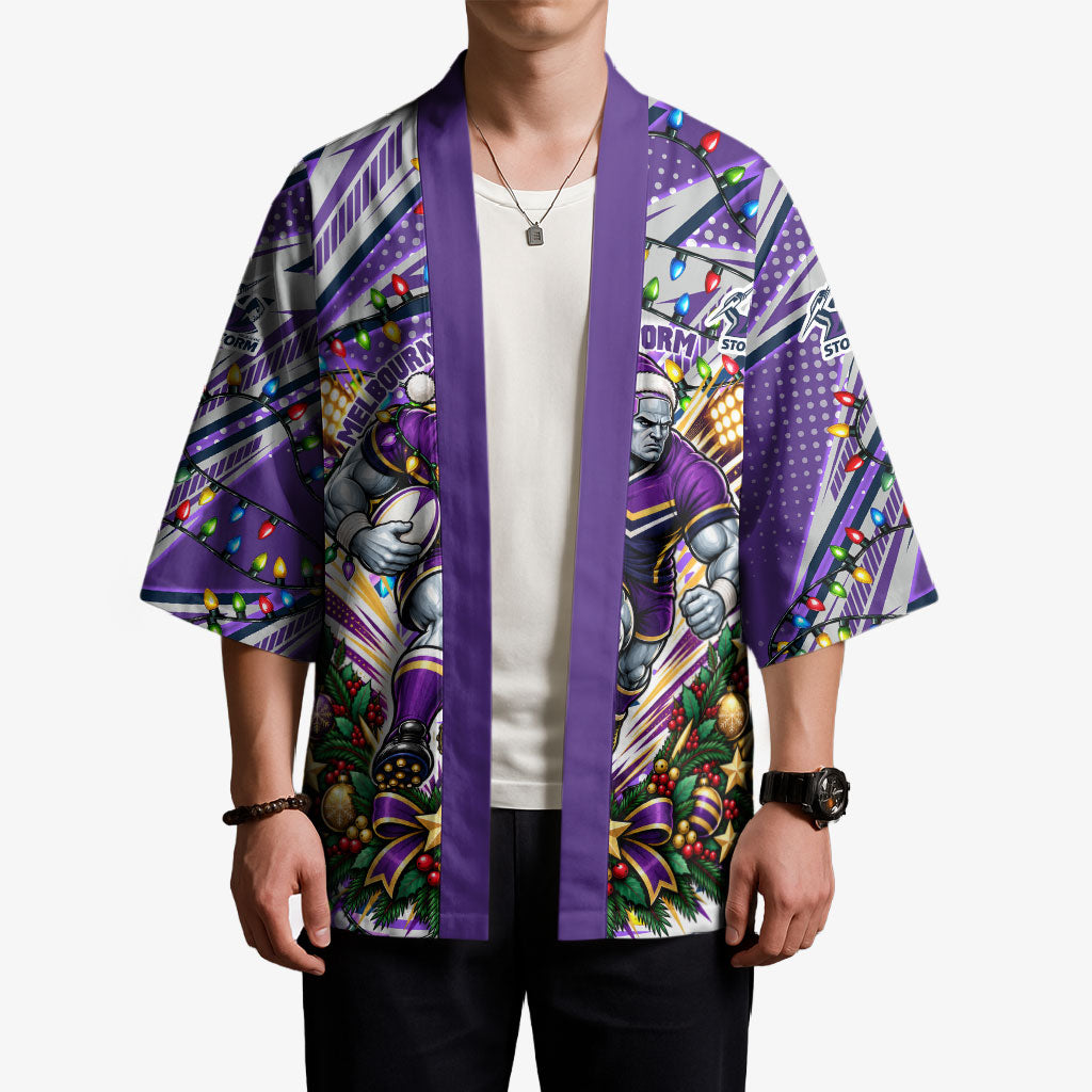 Personalized Melbourne Storm Rugby Christmas Kimono Holiday Mascot Graphic Art Festive Lights Bow