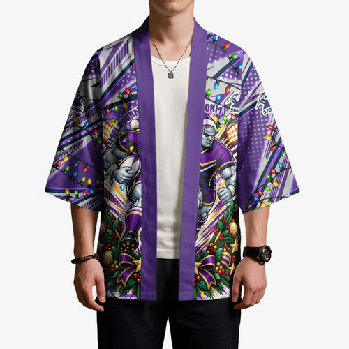 Personalized Melbourne Storm Rugby Christmas Kimono Holiday Mascot Graphic Art Festive Lights Bow
