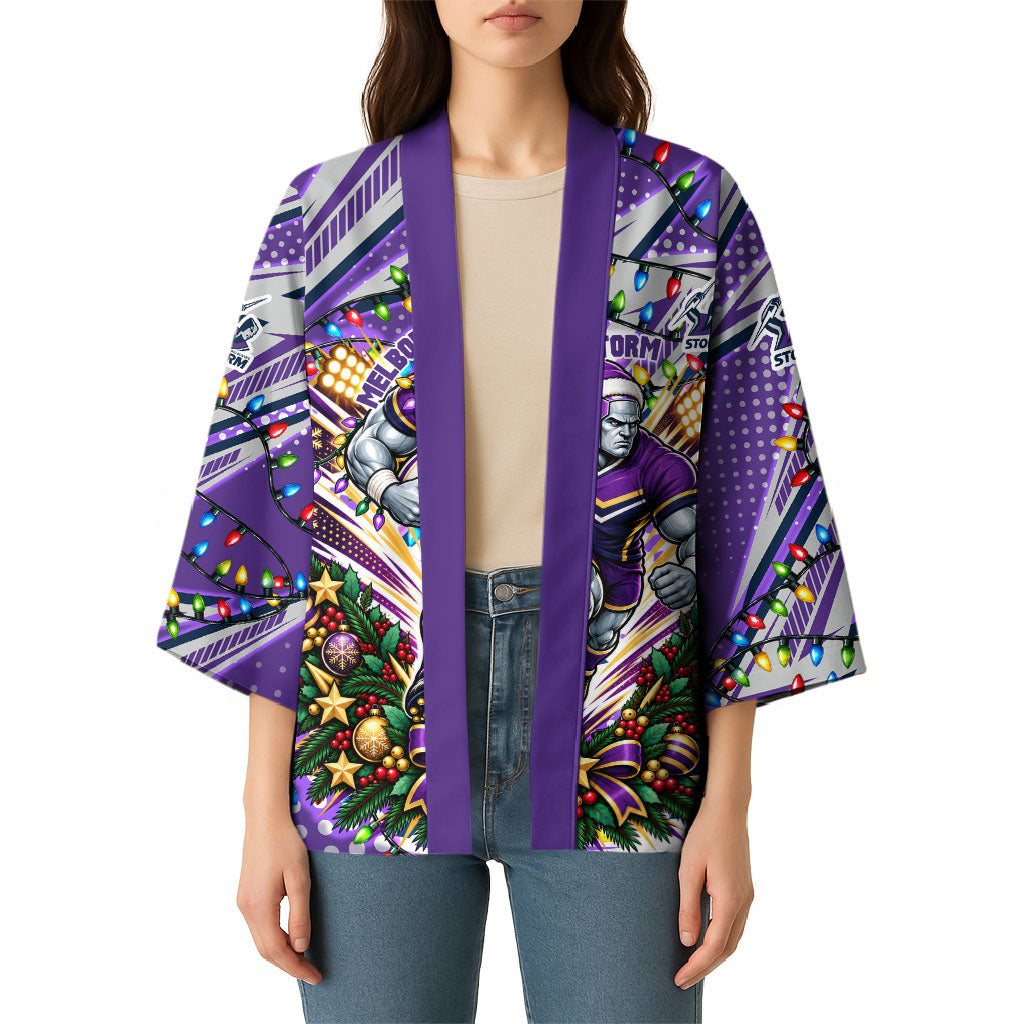 Personalized Melbourne Storm Rugby Christmas Kimono Holiday Mascot Graphic Art Festive Lights Bow