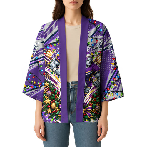 Personalized Melbourne Storm Rugby Christmas Kimono Holiday Mascot Graphic Art Festive Lights Bow