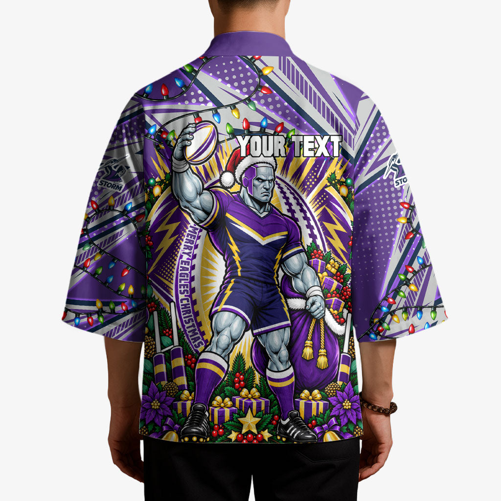 Personalized Melbourne Storm Rugby Christmas Kimono Holiday Mascot Graphic Art Festive Lights Bow