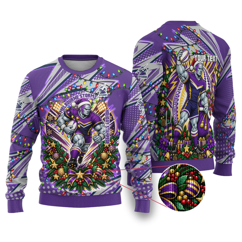 Personalized Melbourne Storm Rugby Christmas Ugly Christmas Sweater Holiday Mascot Graphic Art Festive Lights Bow
