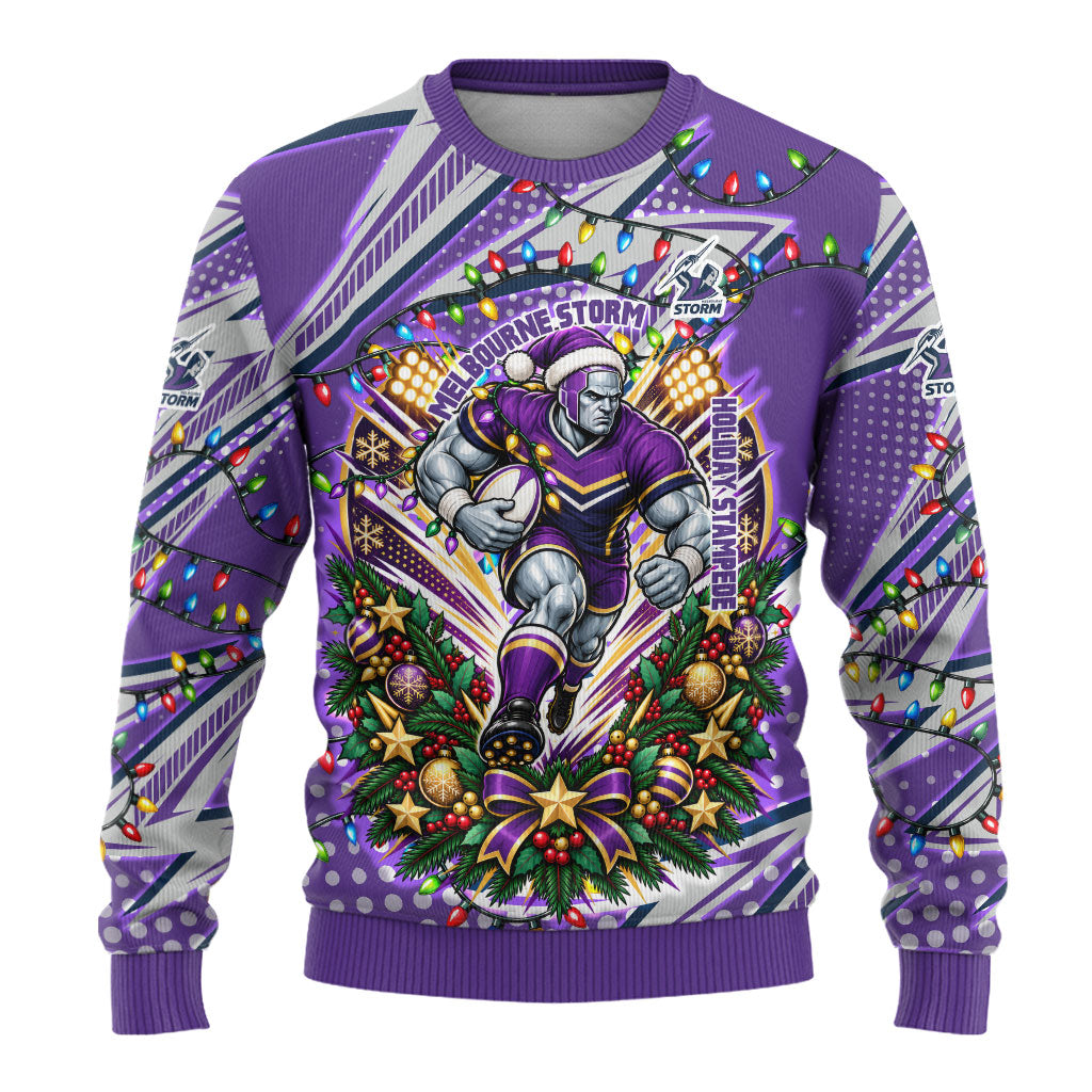Personalized Melbourne Storm Rugby Christmas Ugly Christmas Sweater Holiday Mascot Graphic Art Festive Lights Bow
