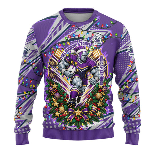 Personalized Melbourne Storm Rugby Christmas Ugly Christmas Sweater Holiday Mascot Graphic Art Festive Lights Bow