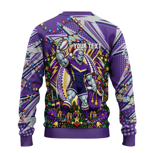 Personalized Melbourne Storm Rugby Christmas Ugly Christmas Sweater Holiday Mascot Graphic Art Festive Lights Bow