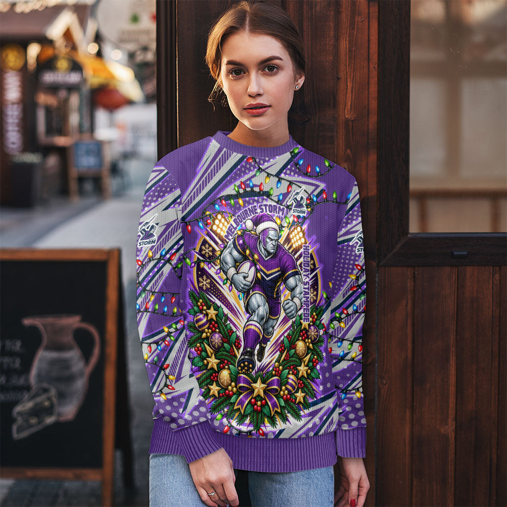 Personalized Melbourne Storm Rugby Christmas Ugly Christmas Sweater Holiday Mascot Graphic Art Festive Lights Bow