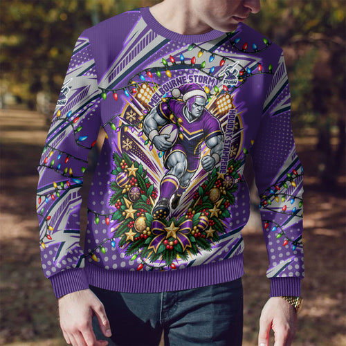Personalized Melbourne Storm Rugby Christmas Ugly Christmas Sweater Holiday Mascot Graphic Art Festive Lights Bow