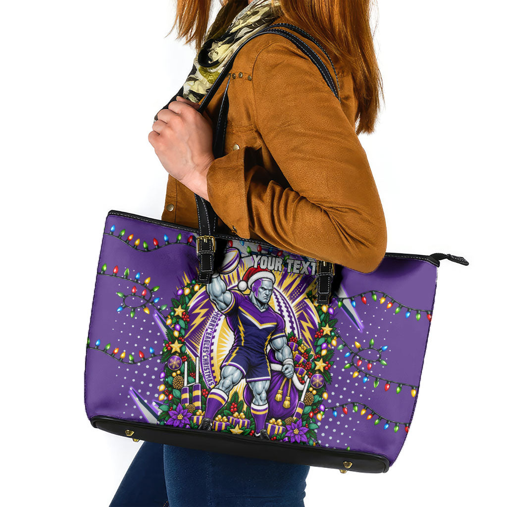 Personalized Melbourne Storm Rugby Christmas Leather Tote Bag Holiday Mascot Graphic Art Festive Lights Bow