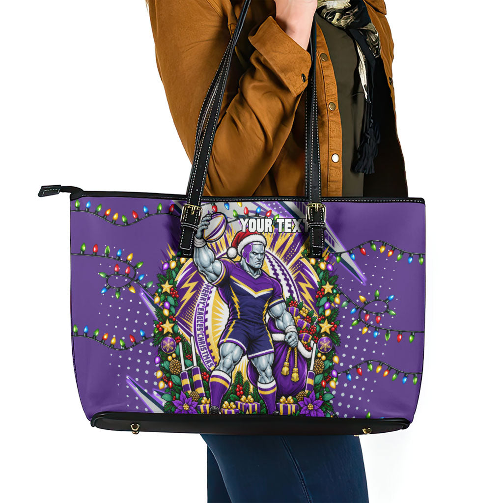 Personalized Melbourne Storm Rugby Christmas Leather Tote Bag Holiday Mascot Graphic Art Festive Lights Bow