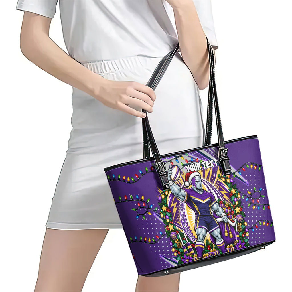 Personalized Melbourne Storm Rugby Christmas Leather Tote Bag Holiday Mascot Graphic Art Festive Lights Bow