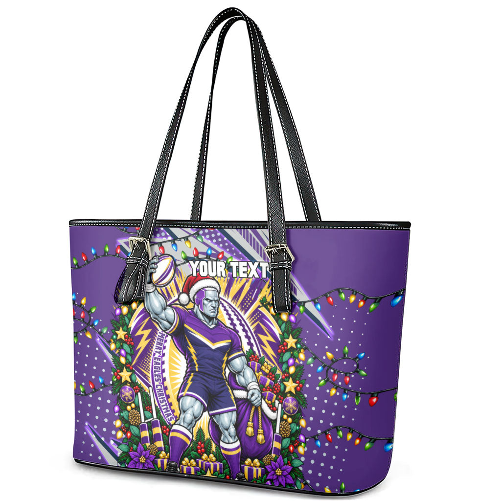 Personalized Melbourne Storm Rugby Christmas Leather Tote Bag Holiday Mascot Graphic Art Festive Lights Bow