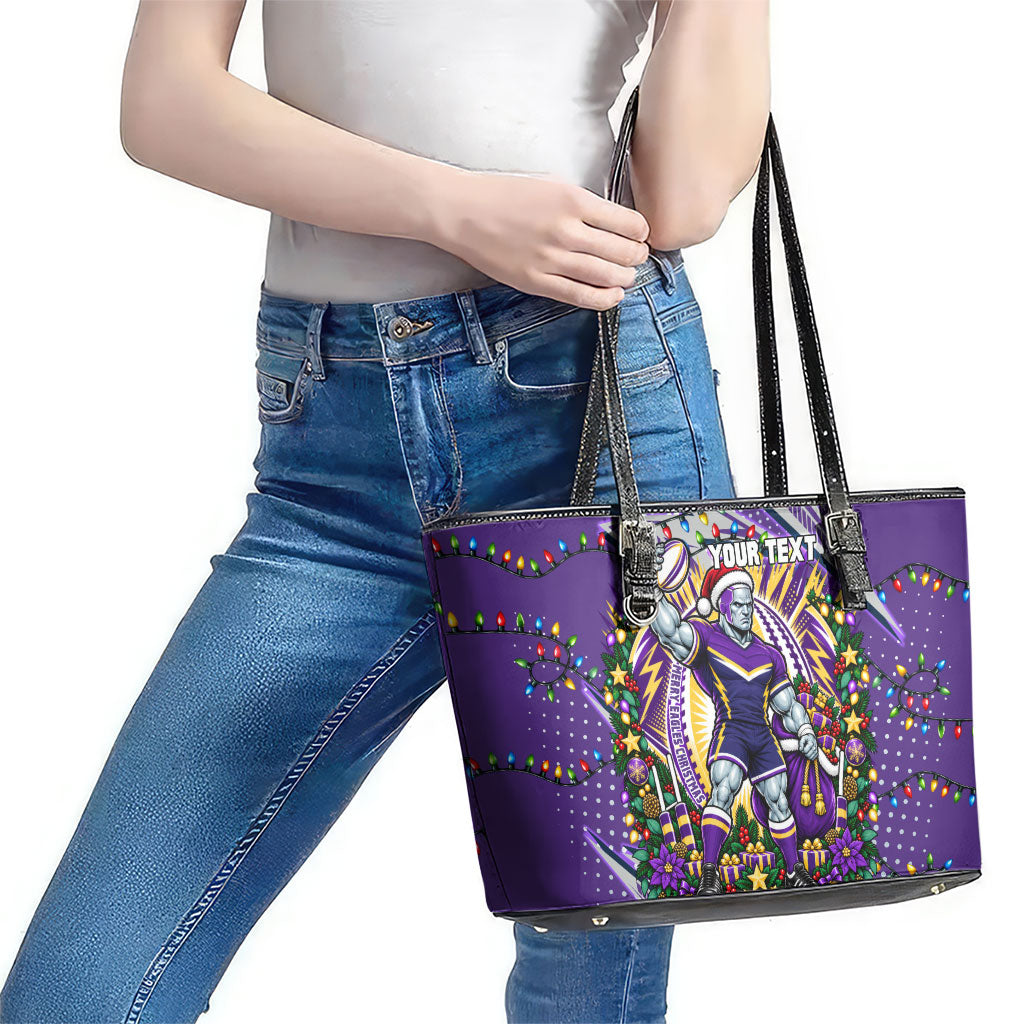 Personalized Melbourne Storm Rugby Christmas Leather Tote Bag Holiday Mascot Graphic Art Festive Lights Bow