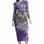 Personalized Melbourne Storm Rugby Christmas Long Sleeve Bodycon Dress Holiday Mascot Graphic Art Festive Lights Bow