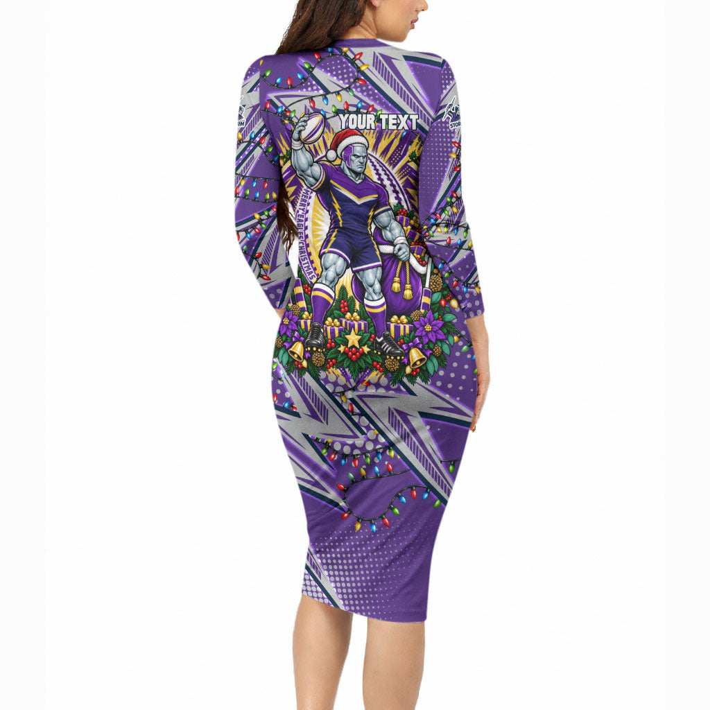 Personalized Melbourne Storm Rugby Christmas Long Sleeve Bodycon Dress Holiday Mascot Graphic Art Festive Lights Bow