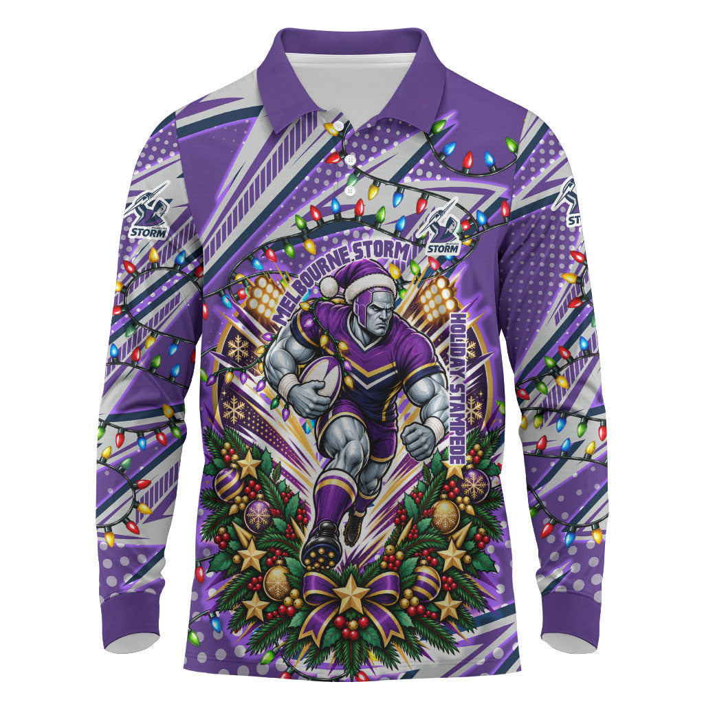 Personalized Melbourne Storm Rugby Christmas Long Sleeve Polo Shirt Holiday Mascot Graphic Art Festive Lights Bow