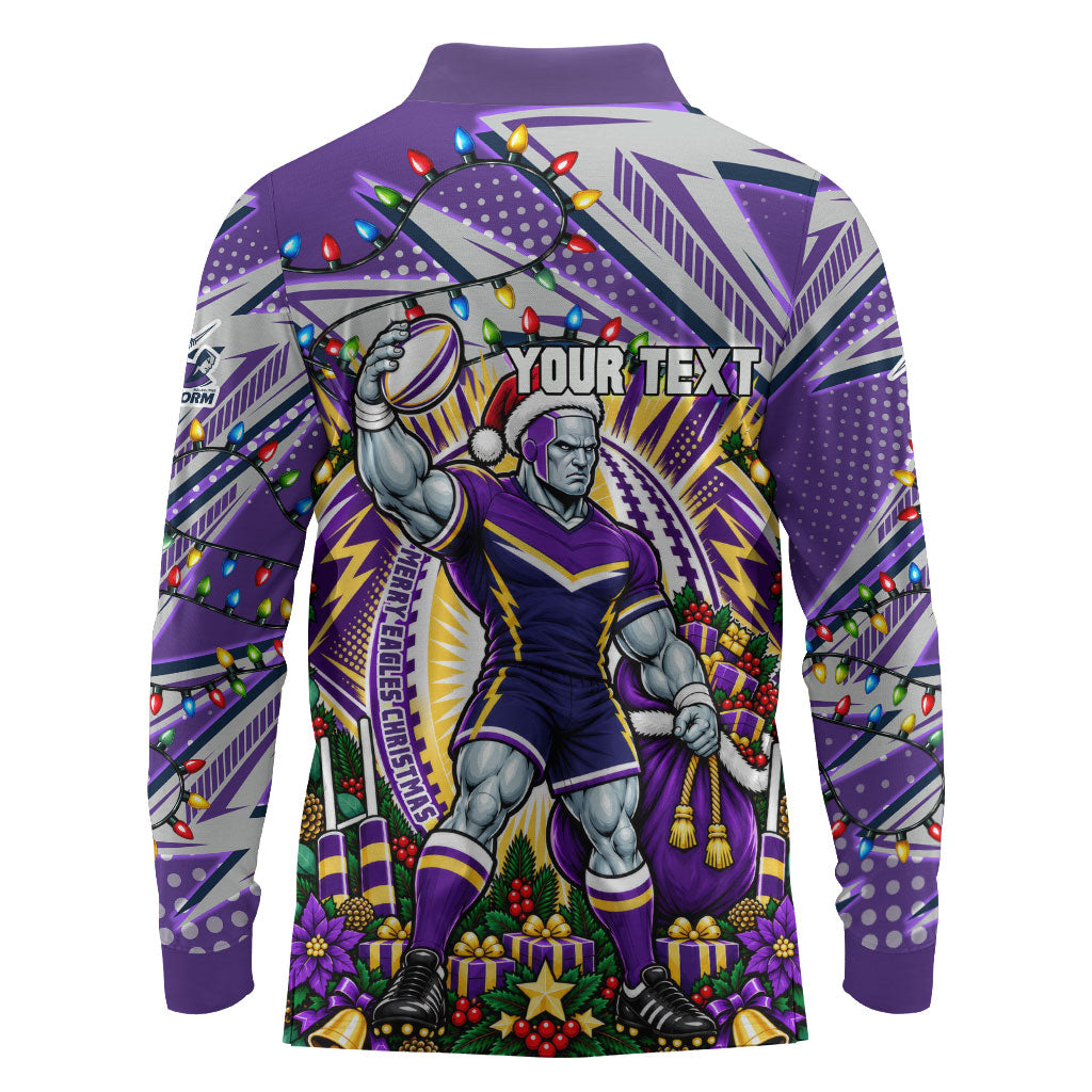 Personalized Melbourne Storm Rugby Christmas Long Sleeve Polo Shirt Holiday Mascot Graphic Art Festive Lights Bow