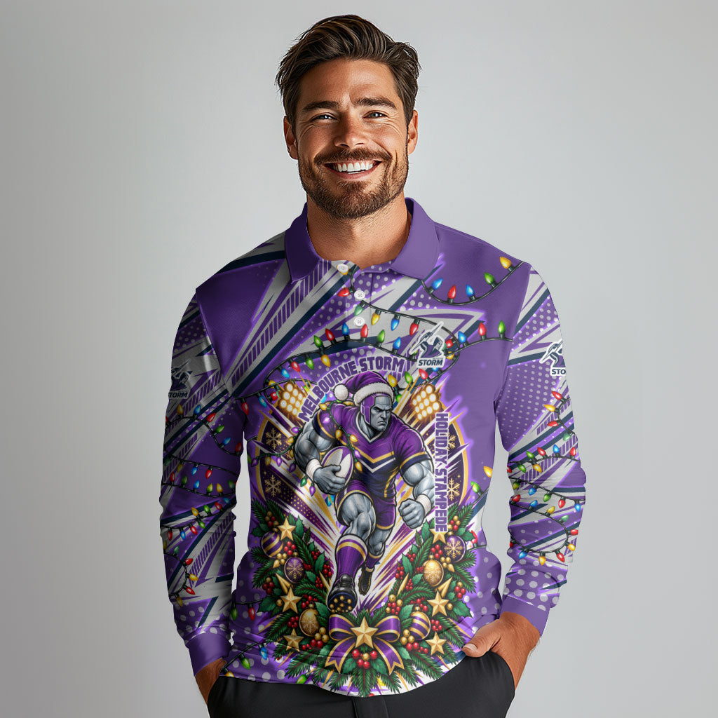 Personalized Melbourne Storm Rugby Christmas Long Sleeve Polo Shirt Holiday Mascot Graphic Art Festive Lights Bow
