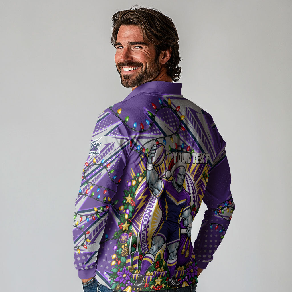 Personalized Melbourne Storm Rugby Christmas Long Sleeve Polo Shirt Holiday Mascot Graphic Art Festive Lights Bow