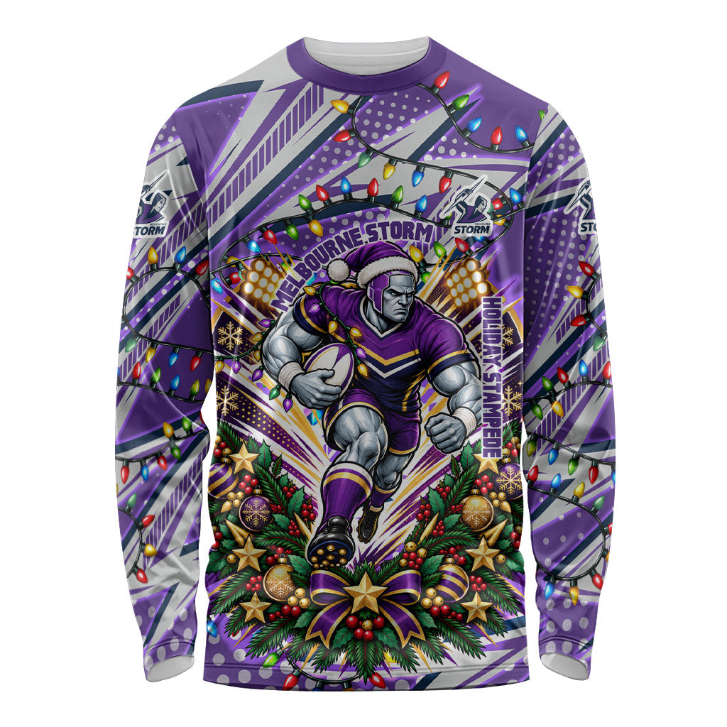 Personalized Melbourne Storm Rugby Christmas Long Sleeve Shirt Holiday Mascot Graphic Art Festive Lights Bow