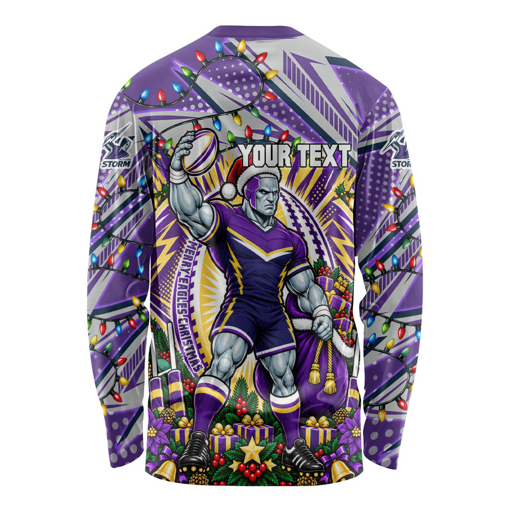 Personalized Melbourne Storm Rugby Christmas Long Sleeve Shirt Holiday Mascot Graphic Art Festive Lights Bow