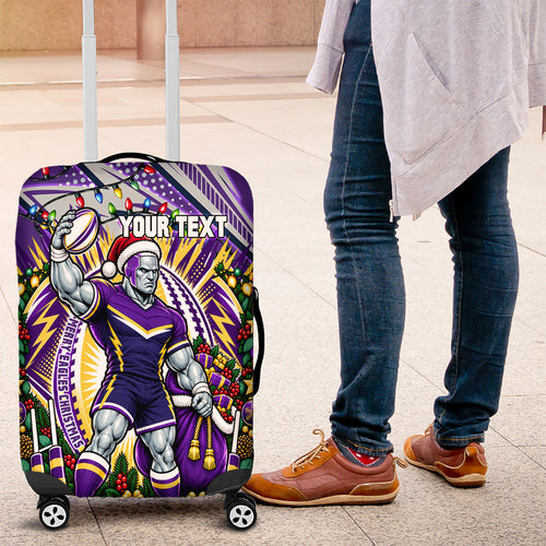 Personalized Melbourne Storm Rugby Christmas Luggage Cover Holiday Mascot Graphic Art Festive Lights Bow