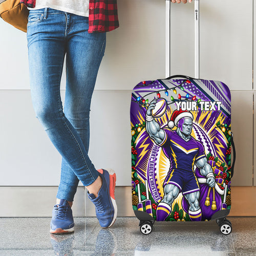 Personalized Melbourne Storm Rugby Christmas Luggage Cover Holiday Mascot Graphic Art Festive Lights Bow
