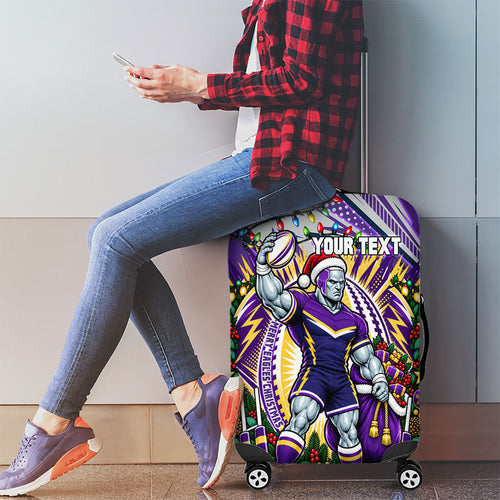 Personalized Melbourne Storm Rugby Christmas Luggage Cover Holiday Mascot Graphic Art Festive Lights Bow