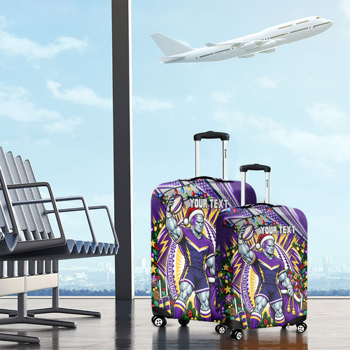 Personalized Melbourne Storm Rugby Christmas Luggage Cover Holiday Mascot Graphic Art Festive Lights Bow