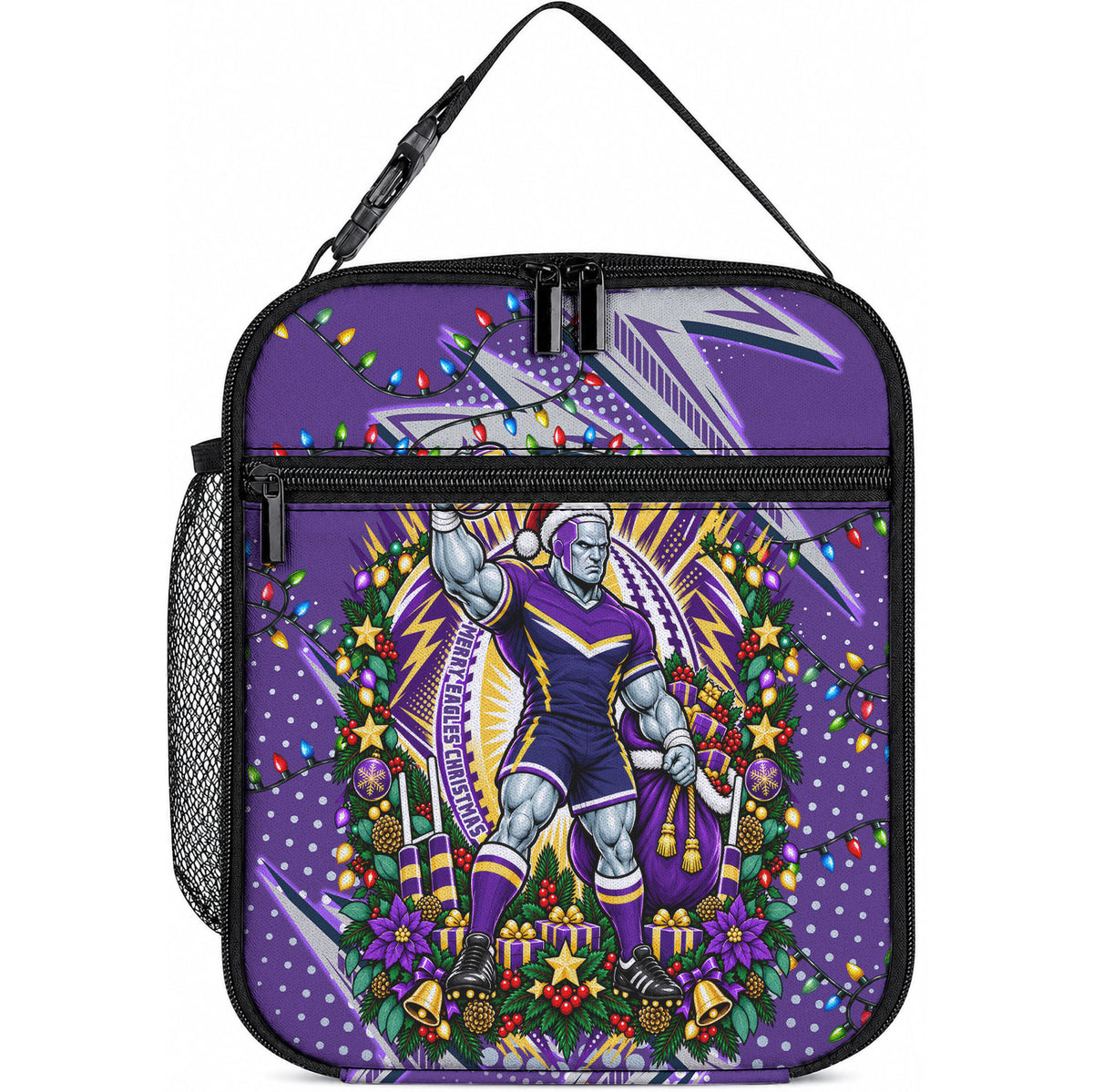 Personalized Melbourne Storm Rugby Christmas Lunch Bag Holiday Mascot Graphic Art Festive Lights Bow
