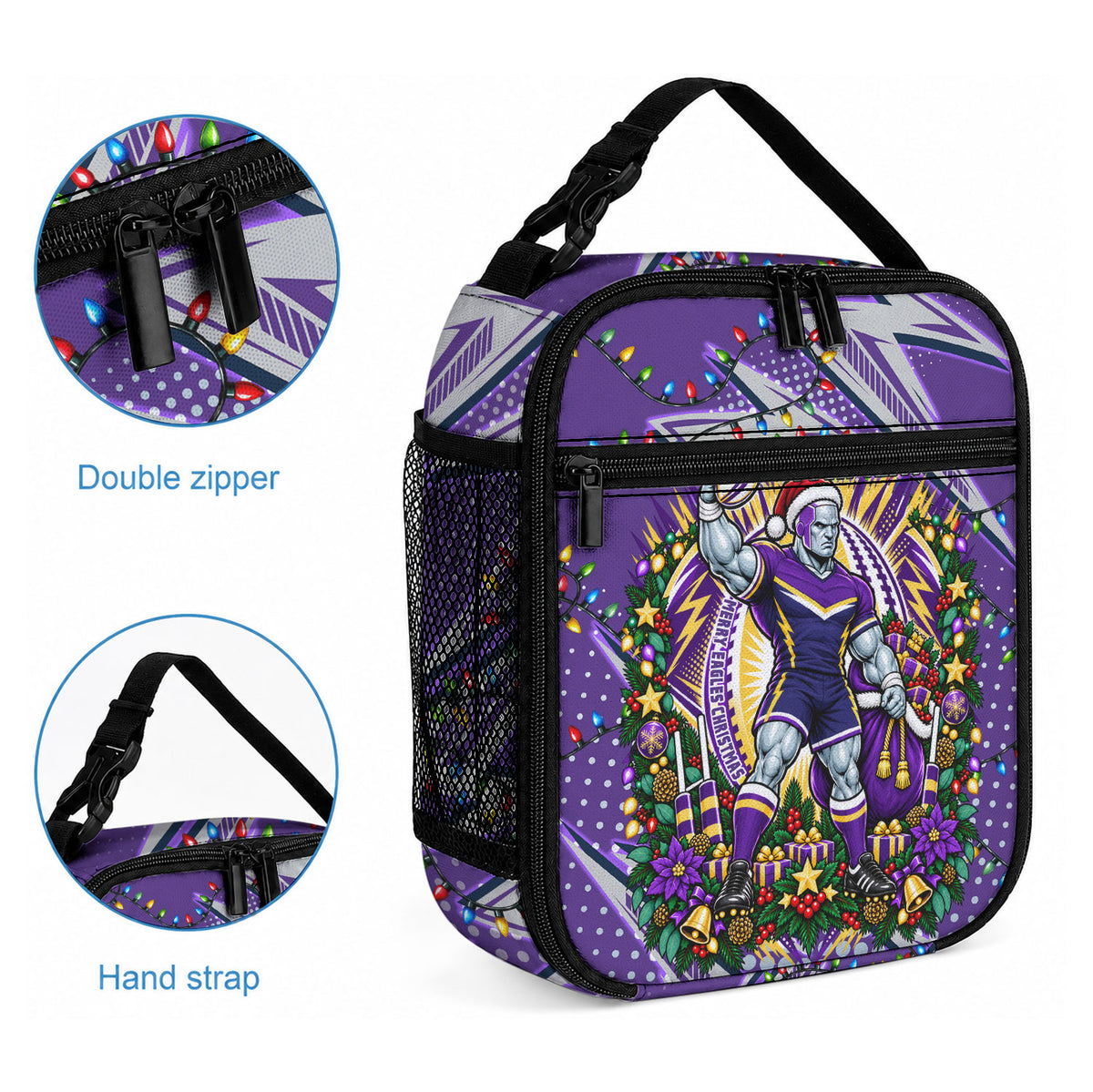 Personalized Melbourne Storm Rugby Christmas Lunch Bag Holiday Mascot Graphic Art Festive Lights Bow