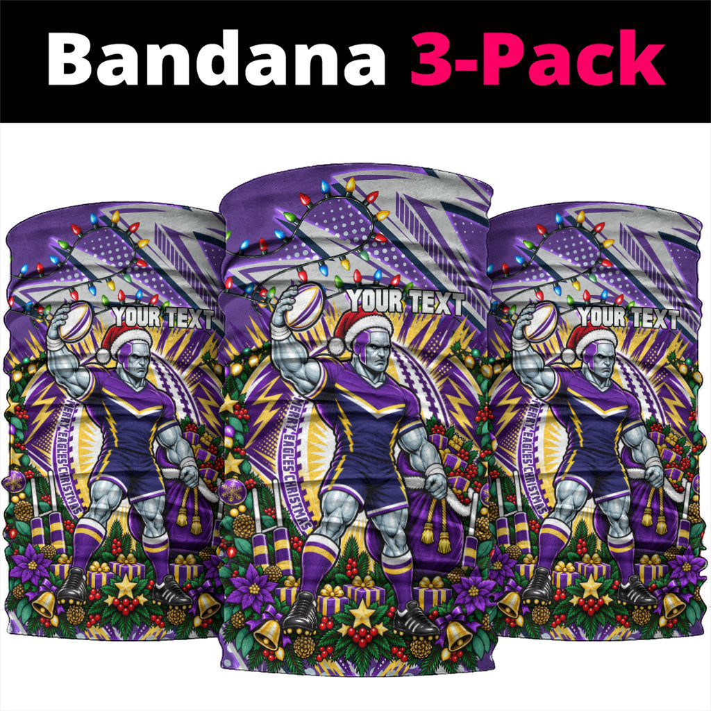Personalized Melbourne Storm Rugby Christmas Neck Gaiter Holiday Mascot Graphic Art Festive Lights Bow