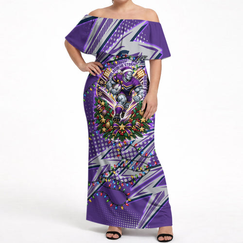 Personalized Melbourne Storm Rugby Christmas Off Shoulder Maxi Dress Holiday Mascot Graphic Art Festive Lights Bow