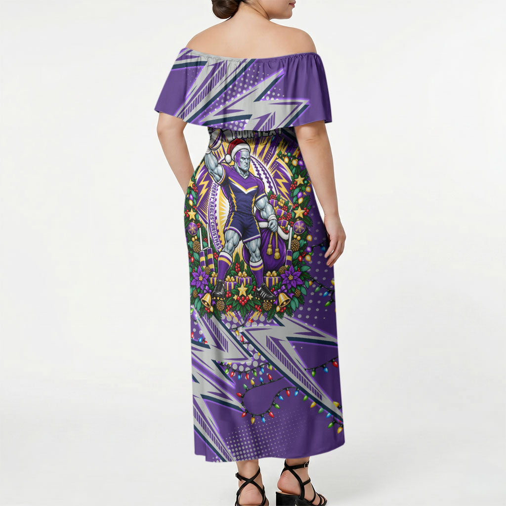 Personalized Melbourne Storm Rugby Christmas Off Shoulder Maxi Dress Holiday Mascot Graphic Art Festive Lights Bow