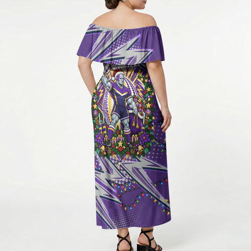 Personalized Melbourne Storm Rugby Christmas Off Shoulder Maxi Dress Holiday Mascot Graphic Art Festive Lights Bow