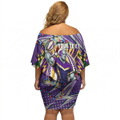 Personalized Melbourne Storm Rugby Christmas Off Shoulder Short Dress Holiday Mascot Graphic Art Festive Lights Bow