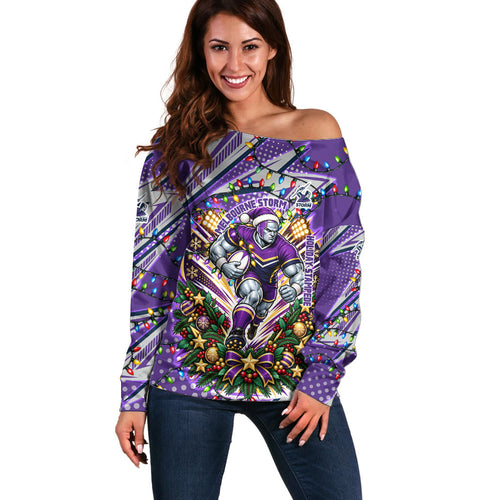 Personalized Melbourne Storm Rugby Christmas Off Shoulder Sweater Holiday Mascot Graphic Art Festive Lights Bow