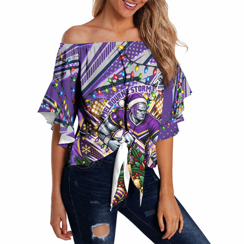 Personalized Melbourne Storm Rugby Christmas Off Shoulder Wrap Waist Top Holiday Mascot Graphic Art Festive Lights Bow