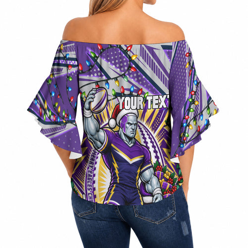 Personalized Melbourne Storm Rugby Christmas Off Shoulder Wrap Waist Top Holiday Mascot Graphic Art Festive Lights Bow