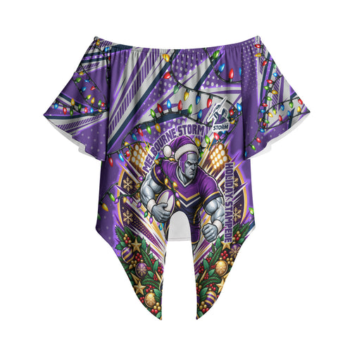 Personalized Melbourne Storm Rugby Christmas Off Shoulder Wrap Waist Top Holiday Mascot Graphic Art Festive Lights Bow