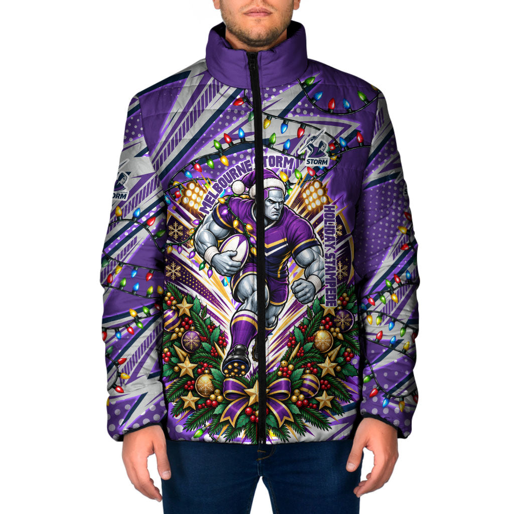 Personalized Melbourne Storm Rugby Christmas Padded Jacket Holiday Mascot Graphic Art Festive Lights Bow